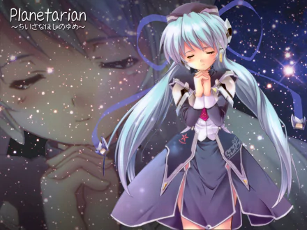 HD PC desktop wallpaper featuring Yumemi Hoshino from the anime Planetarian: The Reverie of a Little Planet, with her eyes closed and hands clasped against a starry background.