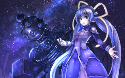Anime-inspired HD wallpaper featuring a girl with long hair and a robot, set against a cosmic background in Planetarian: The Reverie of a Little Planet.