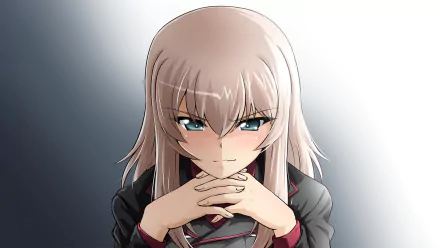 HD PC desktop wallpaper featuring Erika Itsumi from the anime Girls und Panzer with a focused expression and hands clasped in front of her.