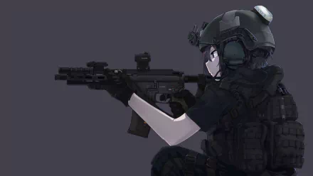 An anime-style character in military gear aims a rifle, set against a dark background in this HD wallpaper and desktop background image.
