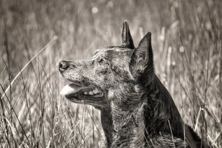 Black and white HD desktop wallpaper of an alert Australian Cattle Dog in a grassy field.
