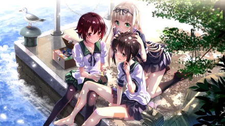 Anime characters Mutsuki, Yuudachi, and Fubuki from Kantai Collection enjoy a sunny day by the water, sitting together on a dock against a vibrant background.