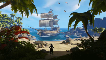 HD PC desktop wallpaper from the Sea of Thieves video game: a tall ship anchored off a sunlit tropical island, a silhouetted player on the beach framed by palm leaves and a bright blue sky.