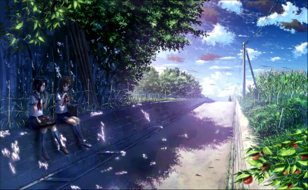 Anime-inspired HD desktop wallpaper featuring two characters sitting on a serene roadside, surrounded by lush greenery and a vibrant sky, capturing a tranquil moment in nature.
