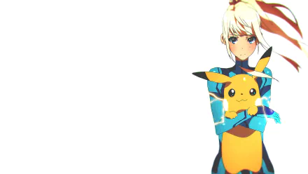 A vibrant HD wallpaper featuring Samus Aran from Metroid holding Pikachu, combining elements from Pokémon and Super Smash Bros. Brawl against a blue background.
