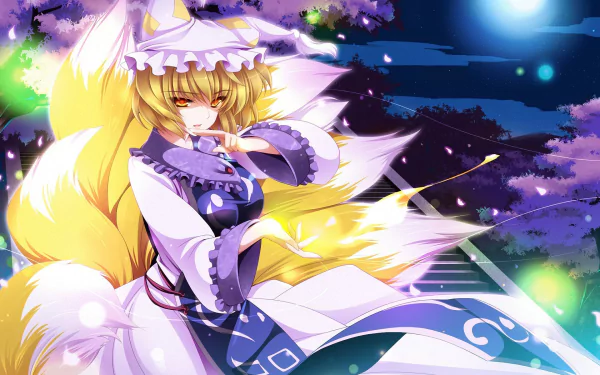HD anime wallpaper featuring Ran Yakumo from Touhou with short blonde hair, yellow eyes, and a large fluffy tail under a glowing moonlit sky.