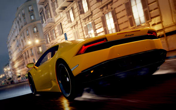 Yellow Lamborghini Huracan LP 610-4 racing wet city streets, Forza Horizon 2 video game HD PC desktop wallpaper.