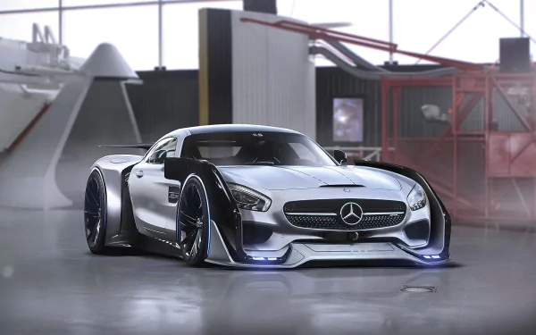 Silver Mercedes-AMG GT supercar showcased in an industrial setting, captured in HD for a striking PC desktop wallpaper and background.