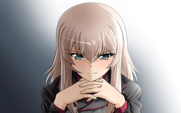 HD PC desktop wallpaper featuring Erika Itsumi from the anime Girls und Panzer with a focused expression and hands clasped in front of her.