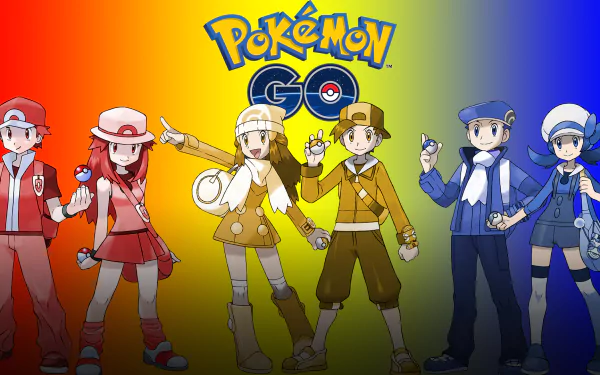 A vibrant HD wallpaper featuring characters from Pokémon Go, showcasing trainers in colorful outfits against a gradient background, symbolizing adventure and exploration in the game.