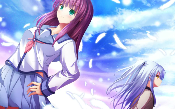 A vibrant HD wallpaper featuring Yuri Nakamura and Kanade Tachibana from the anime Angel Beats!, set against a serene blue sky with floating feathers.