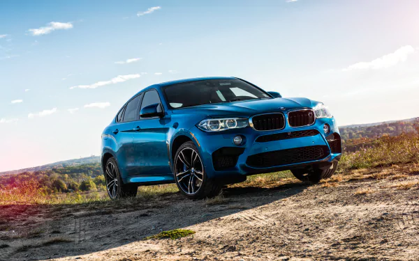 HD PC desktop wallpaper featuring a blue BMW X6 SUV parked on a dirt path under a clear sky, showcasing the vehicle's sleek design and sporty stance.