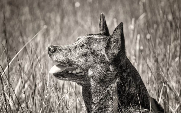 Black and white HD desktop wallpaper of an alert Australian Cattle Dog in a grassy field.