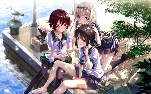 Anime characters Mutsuki, Yuudachi, and Fubuki from Kantai Collection enjoy a sunny day by the water, sitting together on a dock against a vibrant background.