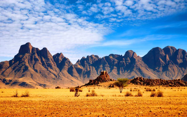 HD desktop wallpaper featuring a vast African savanna with scattered trees, rocky formations, and a dramatic mountain range under a partly cloudy sky.