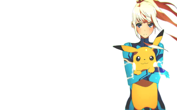 A vibrant HD wallpaper featuring Samus Aran from Metroid holding Pikachu, combining elements from Pokémon and Super Smash Bros. Brawl against a blue background.
