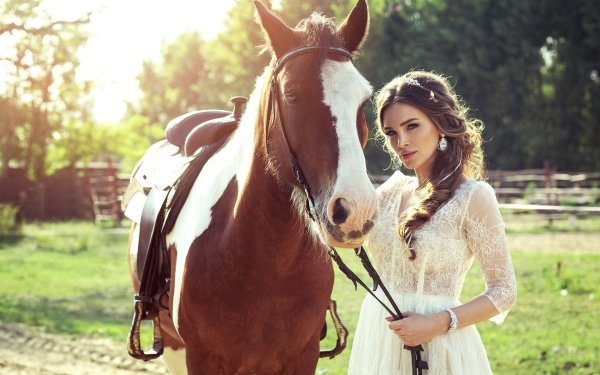 Women Model Horse Brunette White Dress Sunny Braid HD Wallpaper | Background Image