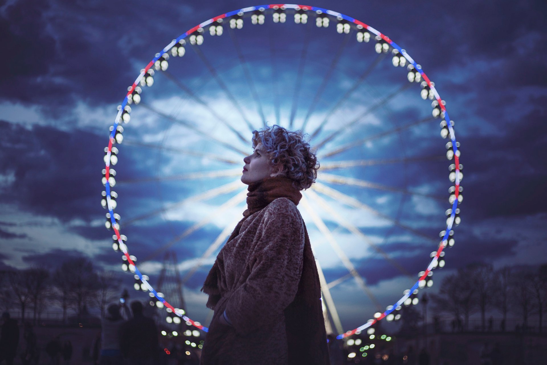 Download Light Ferris Wheel Night Woman Mood Night Mood HD Wallpaper by Vincent Bourilhon