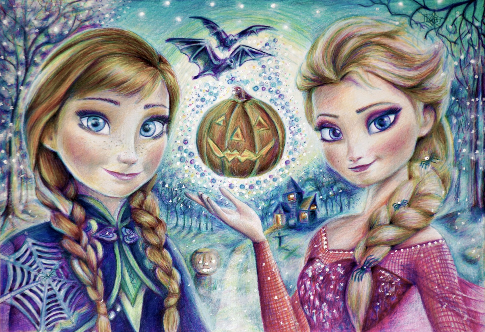 Elsa and Anna from the movie Frozen stand side by side in a vibrant 2K Quad HD PC desktop wallpaper, holding a glowing jack-o'-lantern amid snowy, magical scenery.