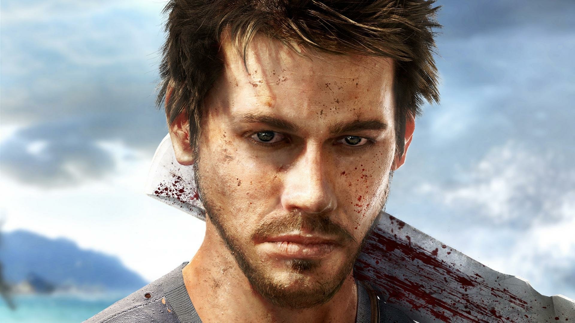 HD PC desktop wallpaper featuring Jason Brody from the video game Far Cry 3, showing a close-up of his intense, blood-splattered face with a rugged background.