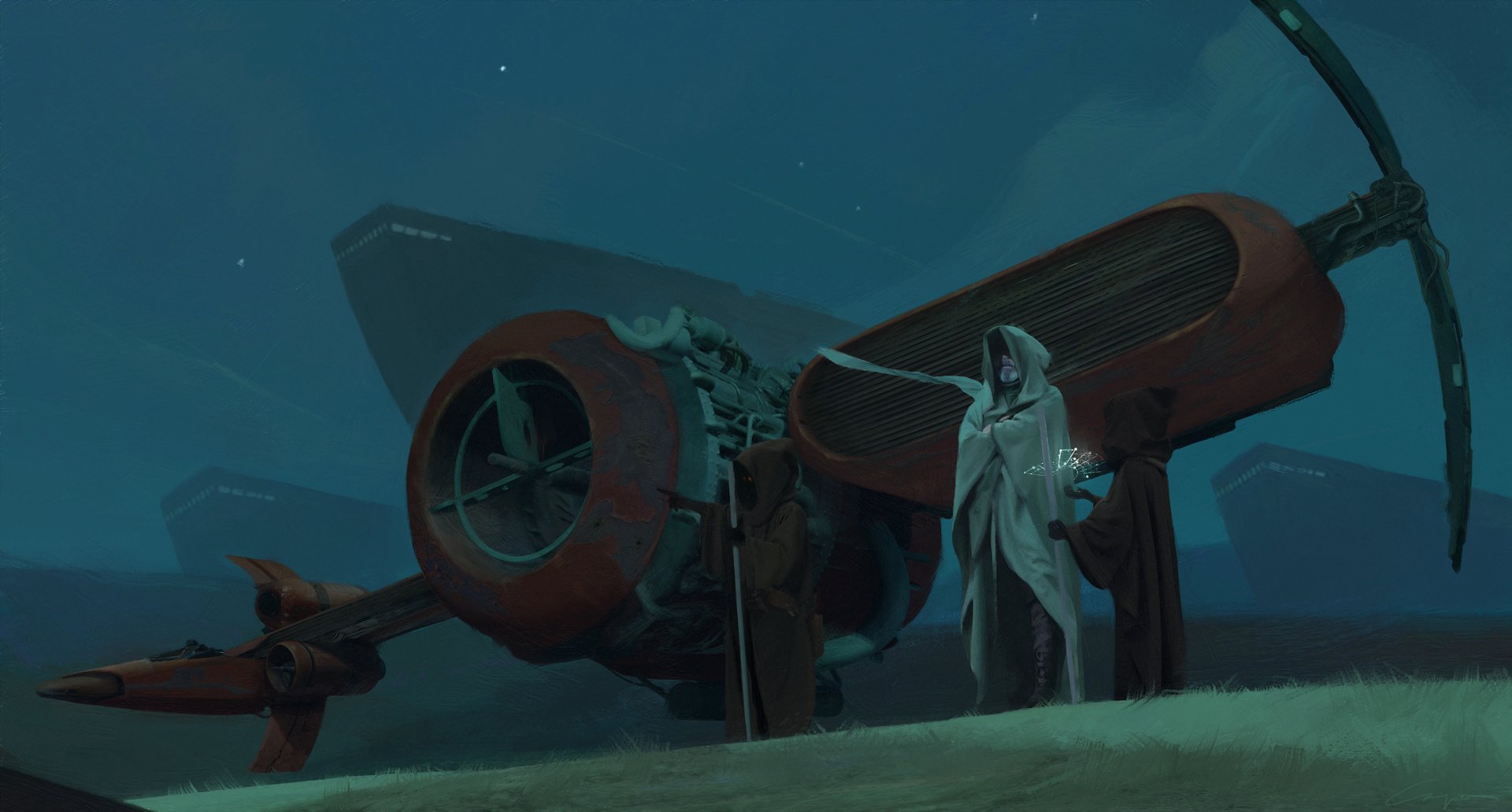 A Jedi stands next to a Jawa vehicle in a dark, sci-fi Star Wars landscape, captured in a high-definition PC desktop wallpaper.