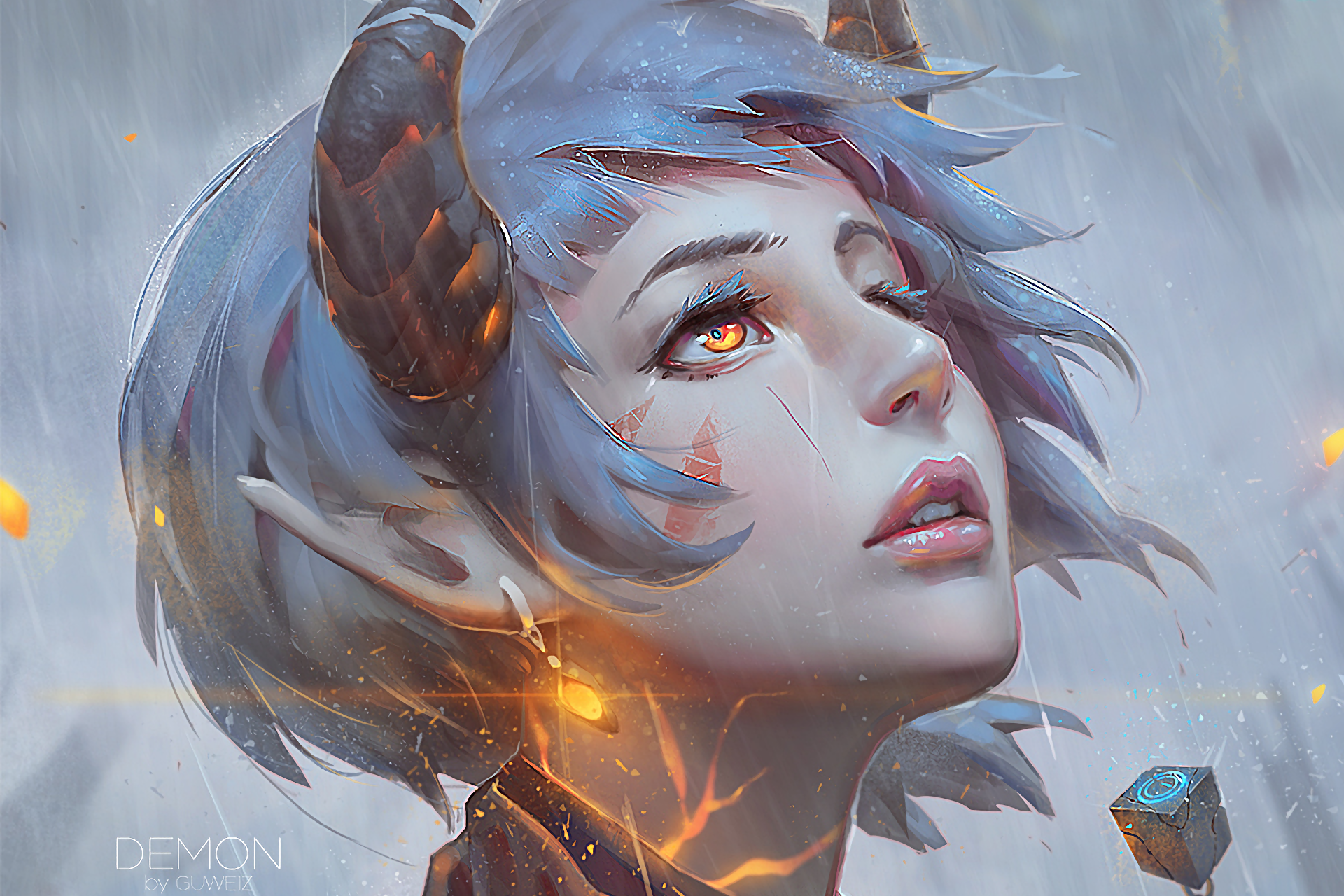 A fantasy-themed HD wallpaper featuring a woman with striking features, horns, and captivating eyes, set against an ethereal background full of mystical elements.