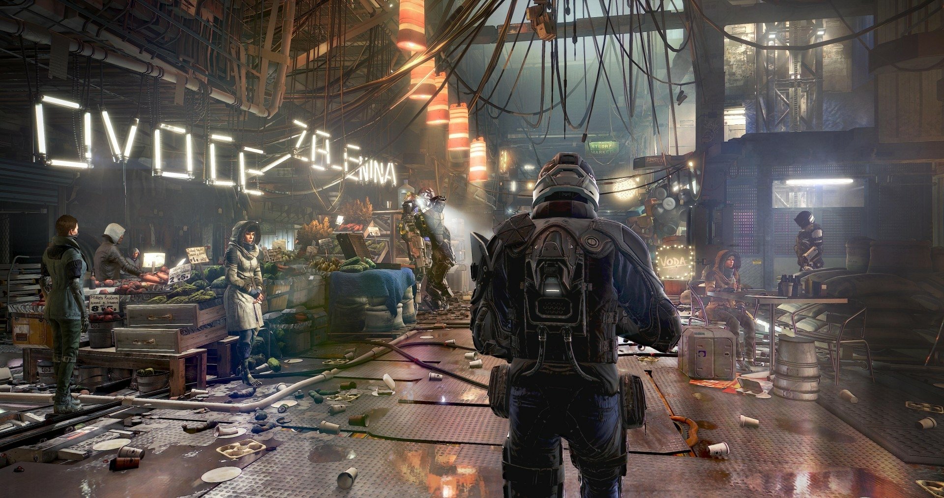 HD PC desktop wallpaper from the video game Deus Ex: Mankind Divided, featuring a futuristic cyberpunk market scene with characters and neon signs.