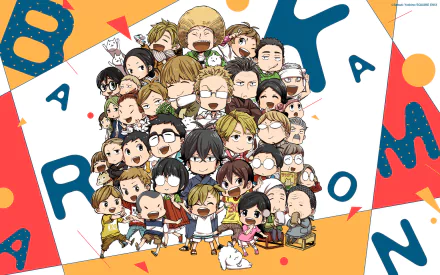 Colorful HD wallpaper featuring characters from the anime Barakamon, including Tamako Arai, Takao Kawafuji, and Seishuu Handa, among others, arranged in a fun and vibrant design.