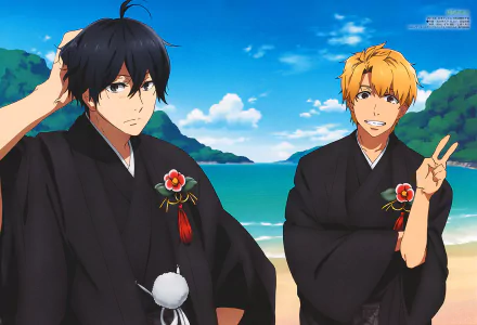 Two characters, Seishuu Handa and Hiroshi Kido from the anime Barakamon, pose in front of a beach backdrop, wearing traditional black attire, capturing a sunny, relaxed atmosphere.
