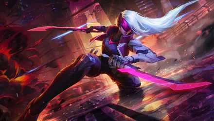 HD desktop wallpaper of Katarina from the video game League of Legends, showcasing her in an action pose with neon-pink weapons and futuristic armor, set against a vibrant, chaotic cityscape background.