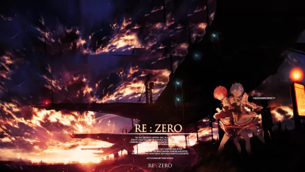 HD desktop wallpaper of Re:Zero - Starting Life in Another World featuring characters Ram and Rem with blue hair and eyes, set against a dramatic, colorful background with the series title prominently displayed.