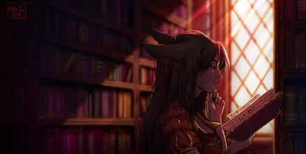 HD PC desktop wallpaper: a fantasy scene of a woman with animal ears reading a book by a sunlit window in a warm, book-lined library.