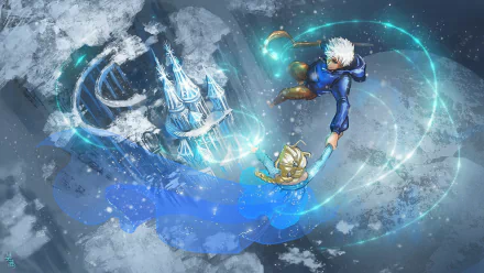A vibrant HD wallpaper featuring Jack Frost from Rise of the Guardians and Elsa from Frozen, showcasing a magical crossover with swirling ice and snow elements.