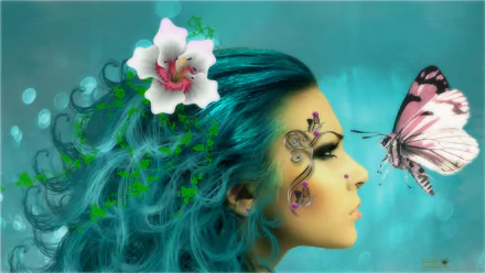A fantasy-themed HD desktop wallpaper featuring a woman with blue hair adorned with a lily, delicate floral face art, and a butterfly near her face.
