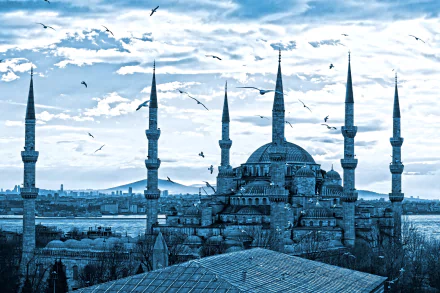 HD desktop wallpaper featuring the Sultan Ahmed Mosque with its towering minarets against a cloudy sky, birds flying above, and a distant cityscape in the background.