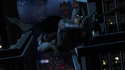 HD PC desktop wallpaper featuring Batman from the video game Batman - The Telltale Series, showcasing Bruce Wayne in action over a cityscape at night.