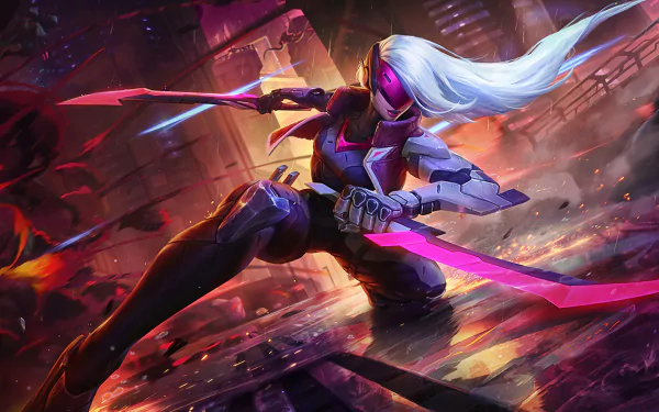 HD desktop wallpaper of Katarina from the video game League of Legends, showcasing her in an action pose with neon-pink weapons and futuristic armor, set against a vibrant, chaotic cityscape background.