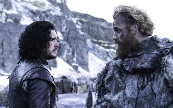 HD desktop wallpaper featuring Jon Snow (Kit Harington) and Tormund Giantsbane (Kristofer Hivju) from the TV show Game of Thrones in a snowy landscape.