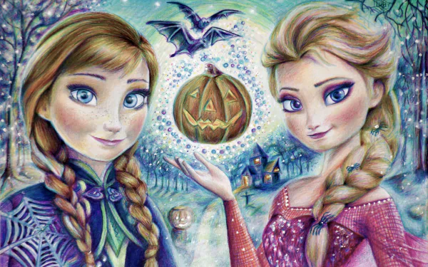 Elsa and Anna from the movie Frozen stand side by side in a vibrant 2K Quad HD PC desktop wallpaper, holding a glowing jack-o'-lantern amid snowy, magical scenery.