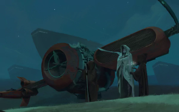A Jedi stands next to a Jawa vehicle in a dark, sci-fi Star Wars landscape, captured in a high-definition PC desktop wallpaper.
