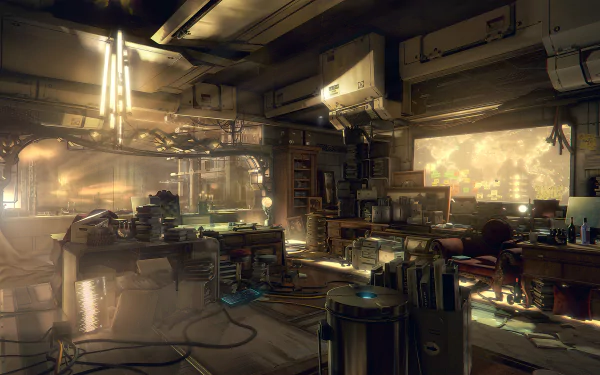 HD PC desktop wallpaper showcasing a detailed, atmospheric interior scene from the video game Deus Ex: Mankind Divided, featuring futuristic tech and moody lighting.