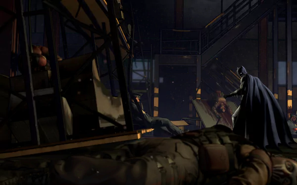 HD PC desktop wallpaper of Bruce Wayne as Batman from the video game Batman – The Telltale Series, cape-cloaked in a dim warehouse surrounded by fallen thugs.