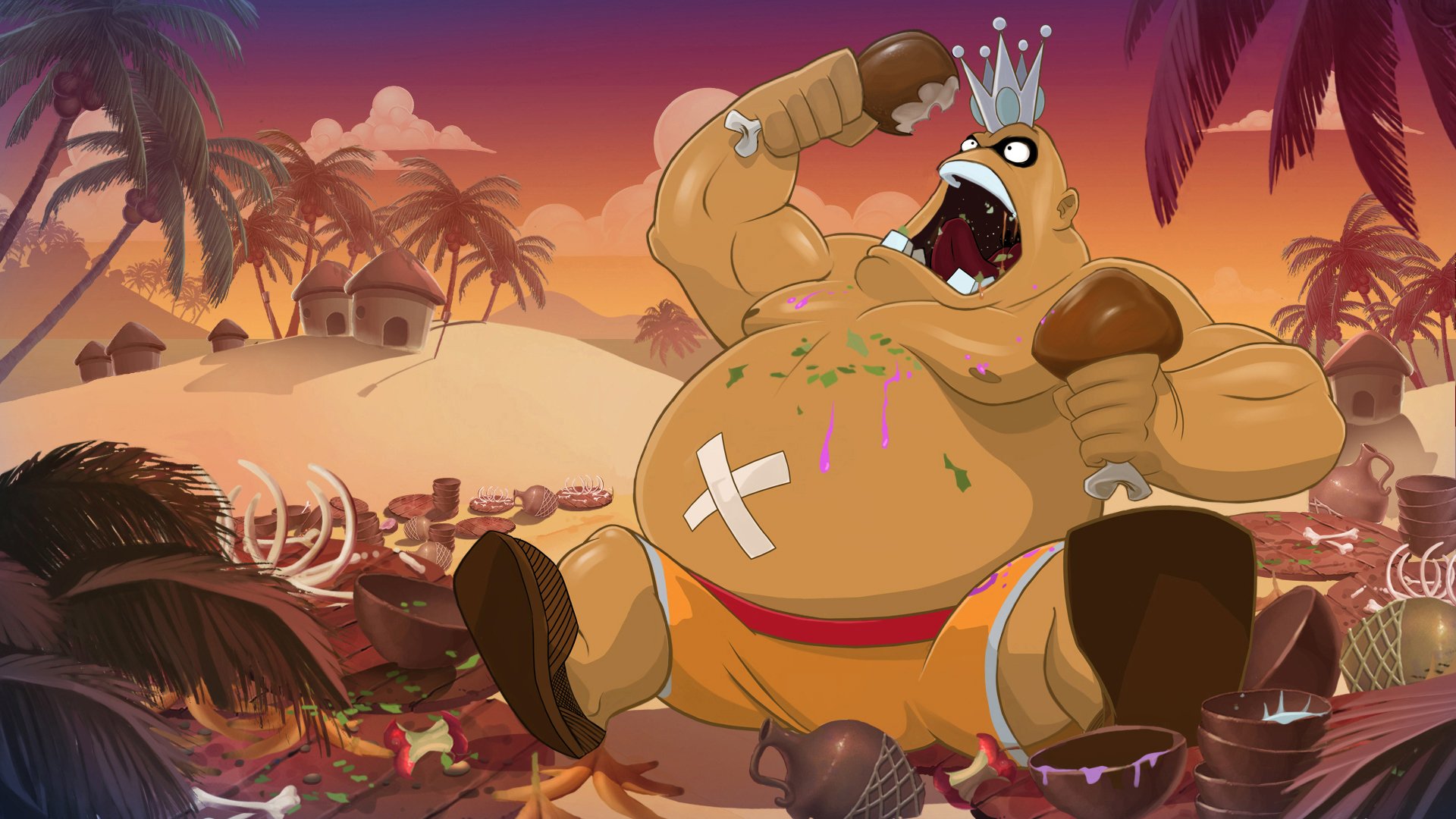 HD PC desktop wallpaper/background from the video game Punch-Out!! showing a crowned, hulking cartoon boxer voraciously eating drumsticks amid palm trees and a fiery sunset.