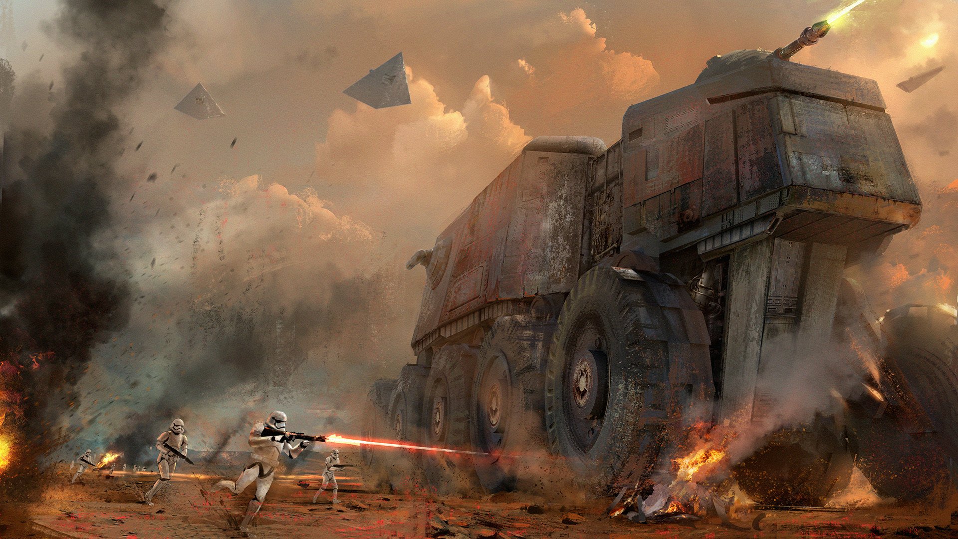 A dramatic sci-fi scene featuring stormtroopers engaged in battle with a large armored vehicle amidst explosions and a fiery landscape, capturing the epic essence of Star Wars.