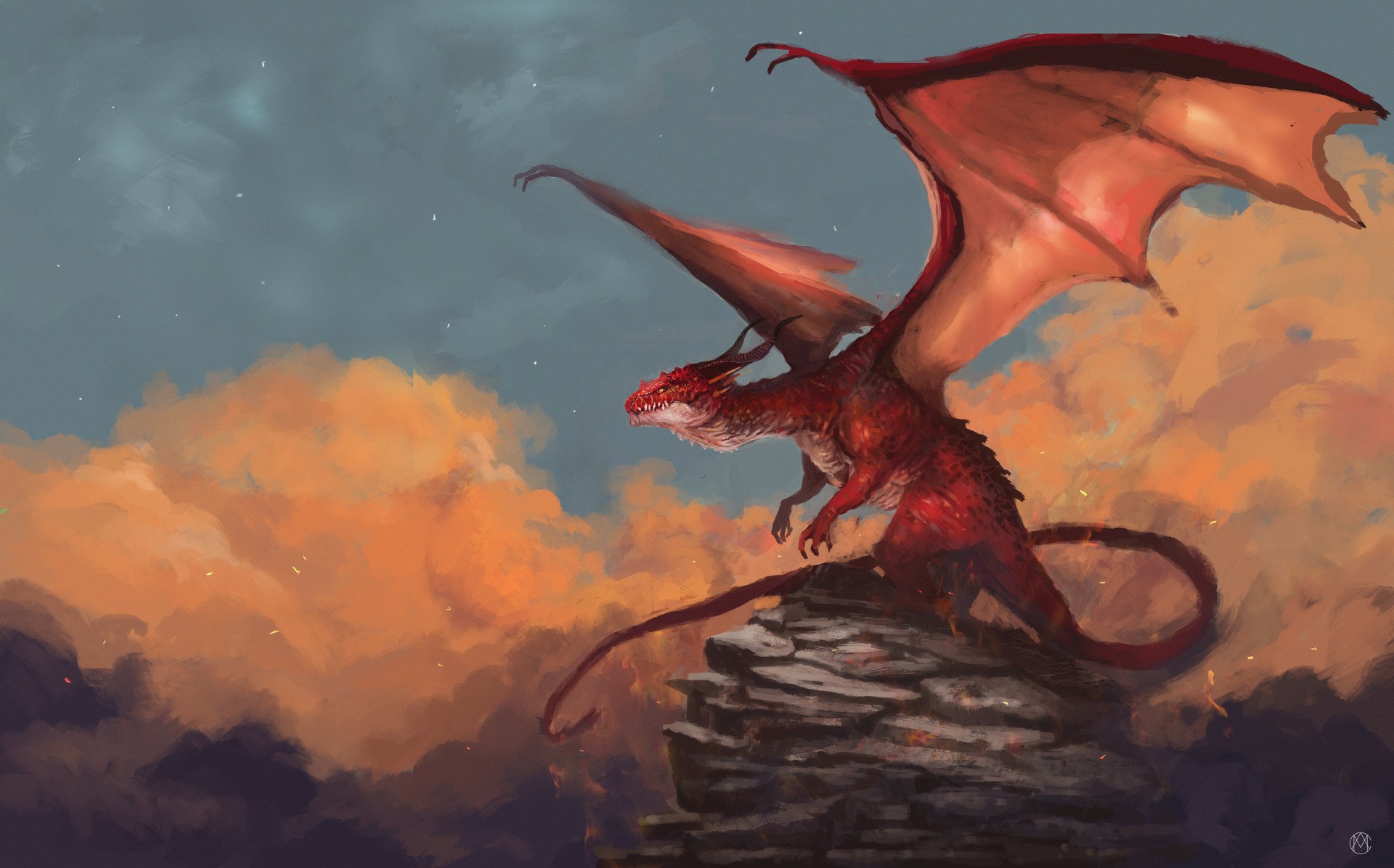HD fantasy desktop wallpaper featuring a fierce red dragon perched on rocky cliffs against a moody sky with glowing orange clouds.