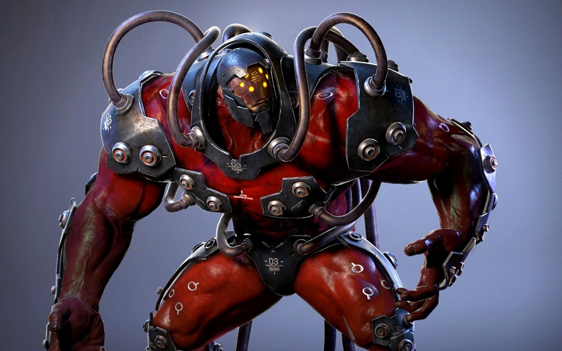 HD PC desktop wallpaper of a red cybernetic heavyweight fighter from the video game Tekken 7 — hulking armored combatant with tubes, bolts and a glowing visor.