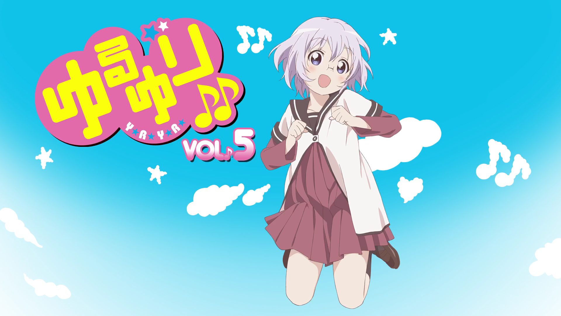 HD PC desktop anime wallpaper: Chitose Ikeda from YuruYuri — pink‑haired schoolgirl in uniform floats among clouds and musical notes on a bright blue background with Vol.5 logo.