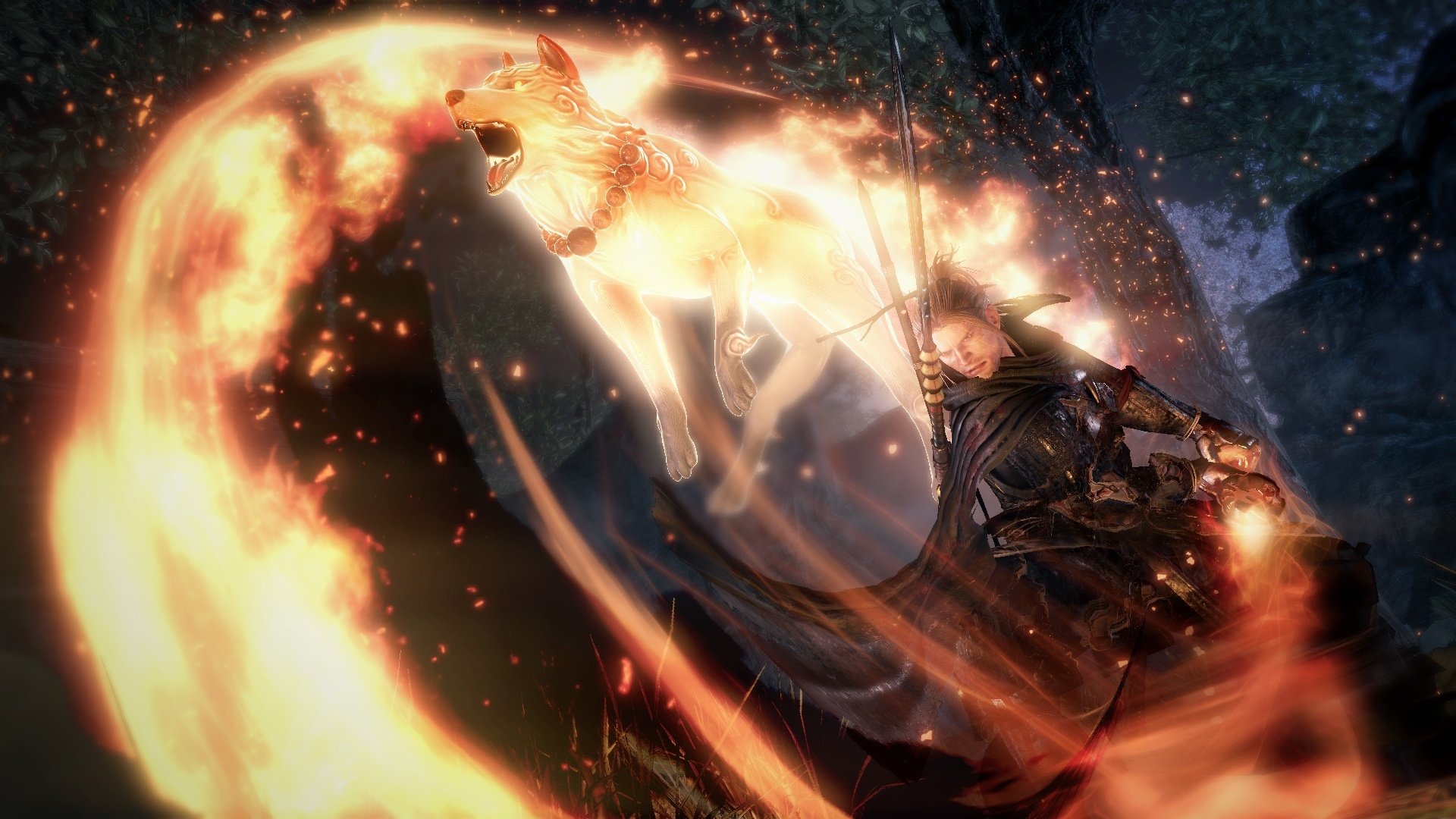 A dynamic HD wallpaper from the game Nioh features a fierce character wielding a sword, accompanied by a fiery spirit dog, showcasing a captivating blend of action and fantasy.