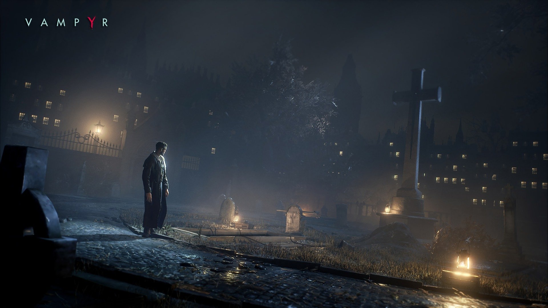 Dark, atmospheric HD PC desktop wallpaper from the video game Vampyr, showing a lone figure standing near graves in a foggy, dimly lit urban graveyard at night.