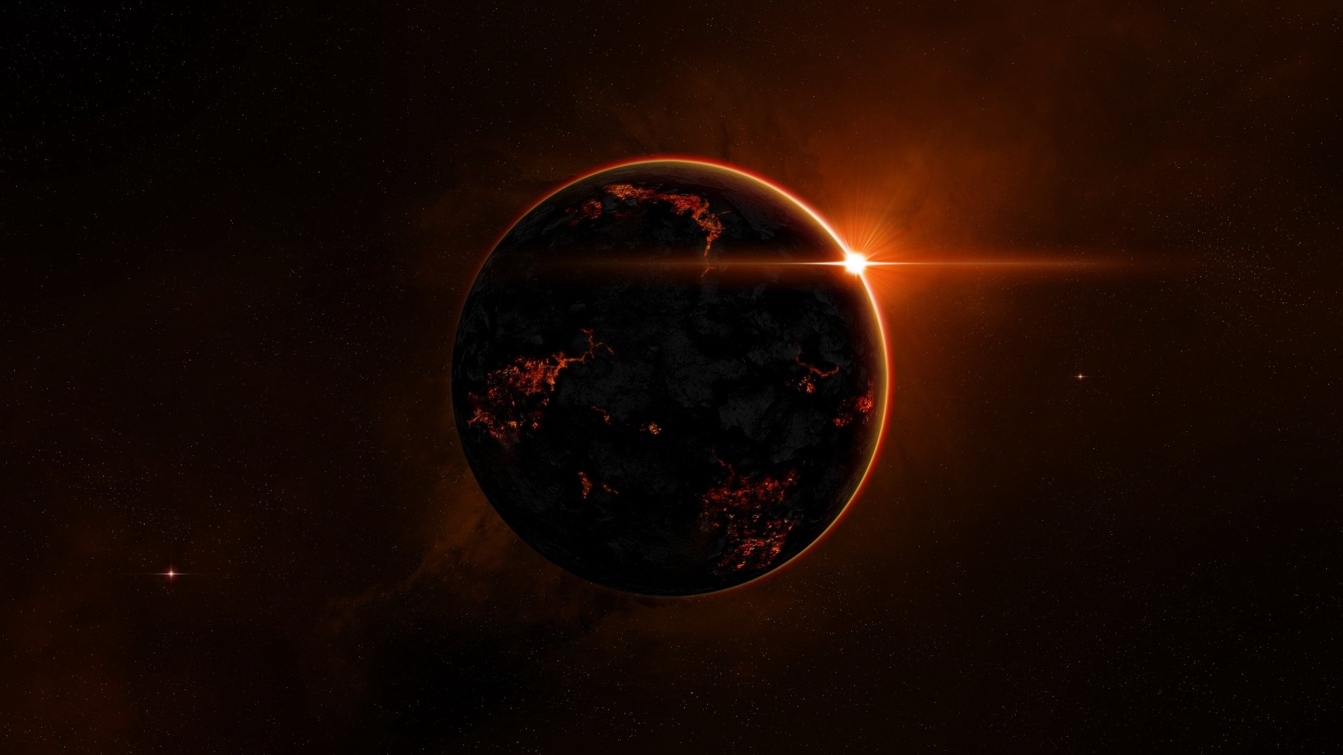 HD sci-fi PC desktop wallpaper showing a dark, glowing planet with fiery cracks, illuminated by a bright star flare in deep space.